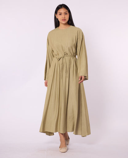 Pleated Long Dress with Waist Tie Detail