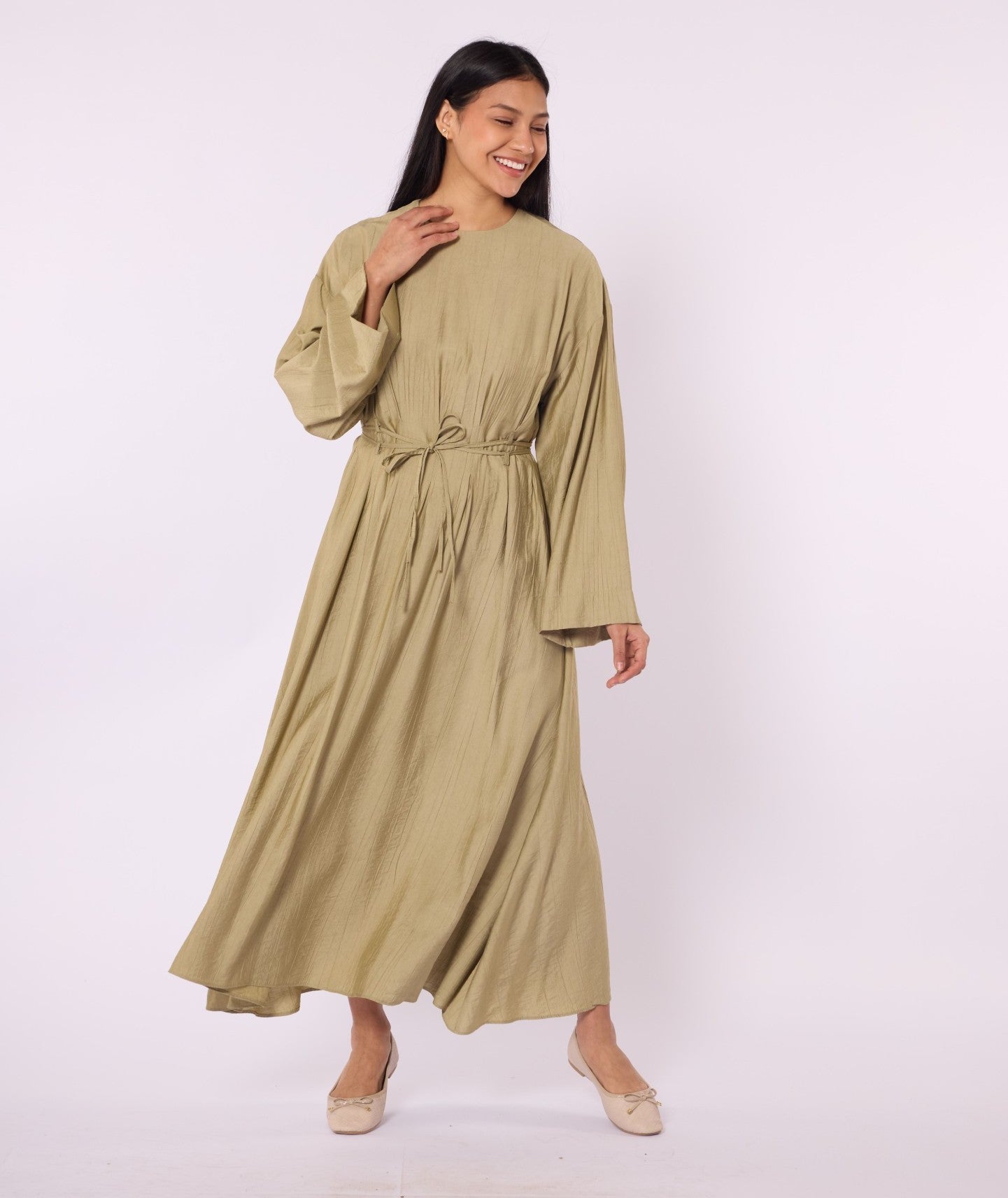 Pleated Long Dress with Waist Tie Detail