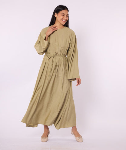 Pleated Long Dress with Waist Tie Detail