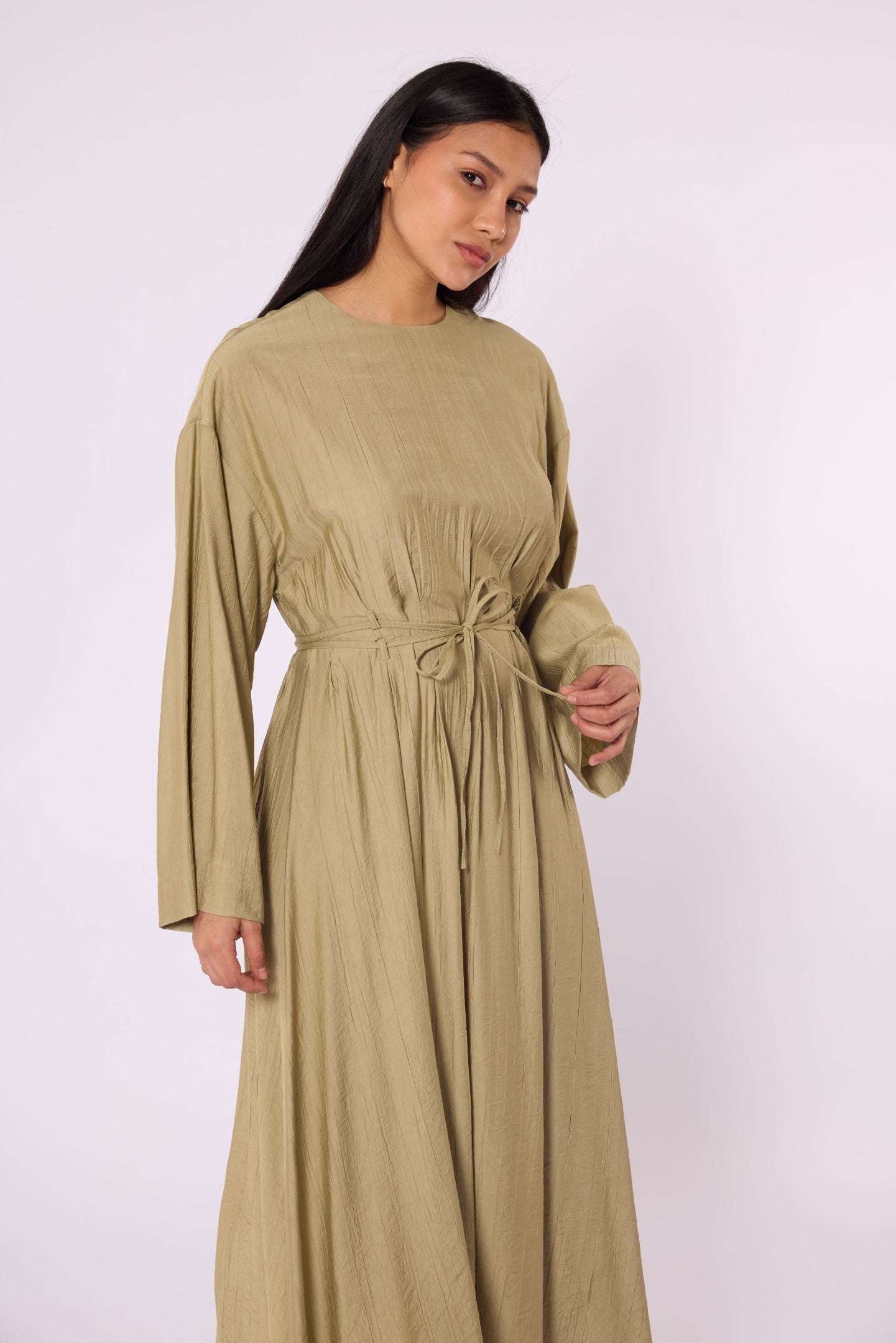 Pleated Long Dress with Waist Tie Detail