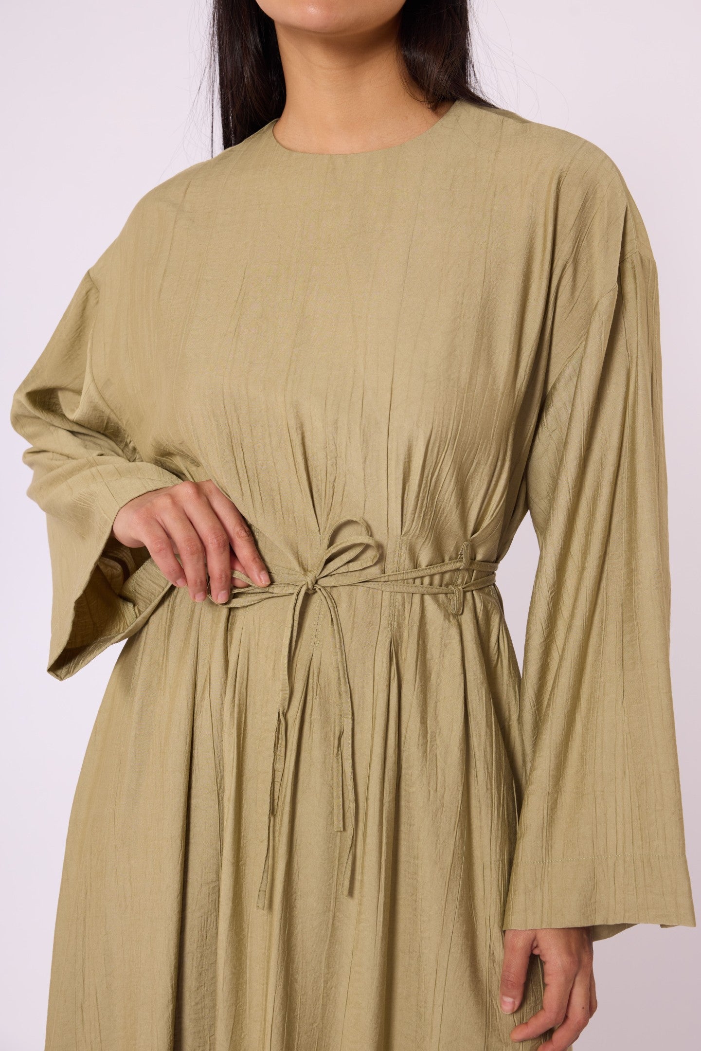 Pleated Long Dress with Waist Tie Detail