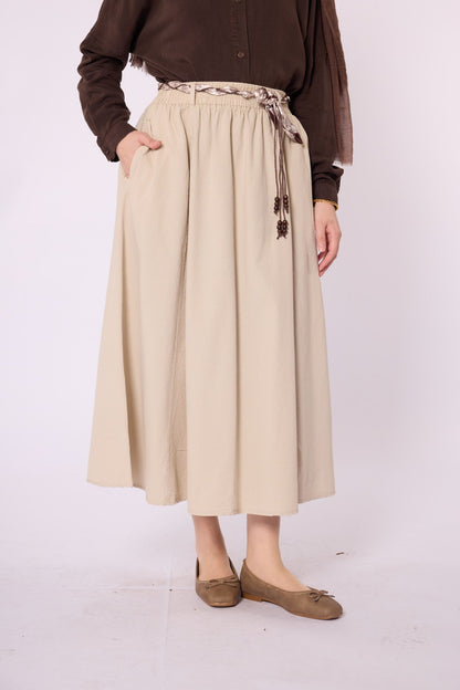 Flared Skirt with Gathered Detail and Scarf Belt