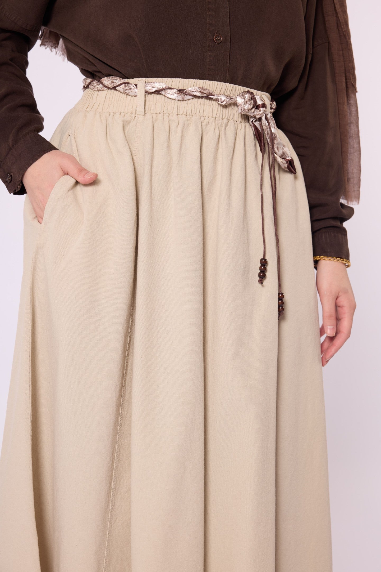 Flared Skirt with Gathered Detail and Scarf Belt