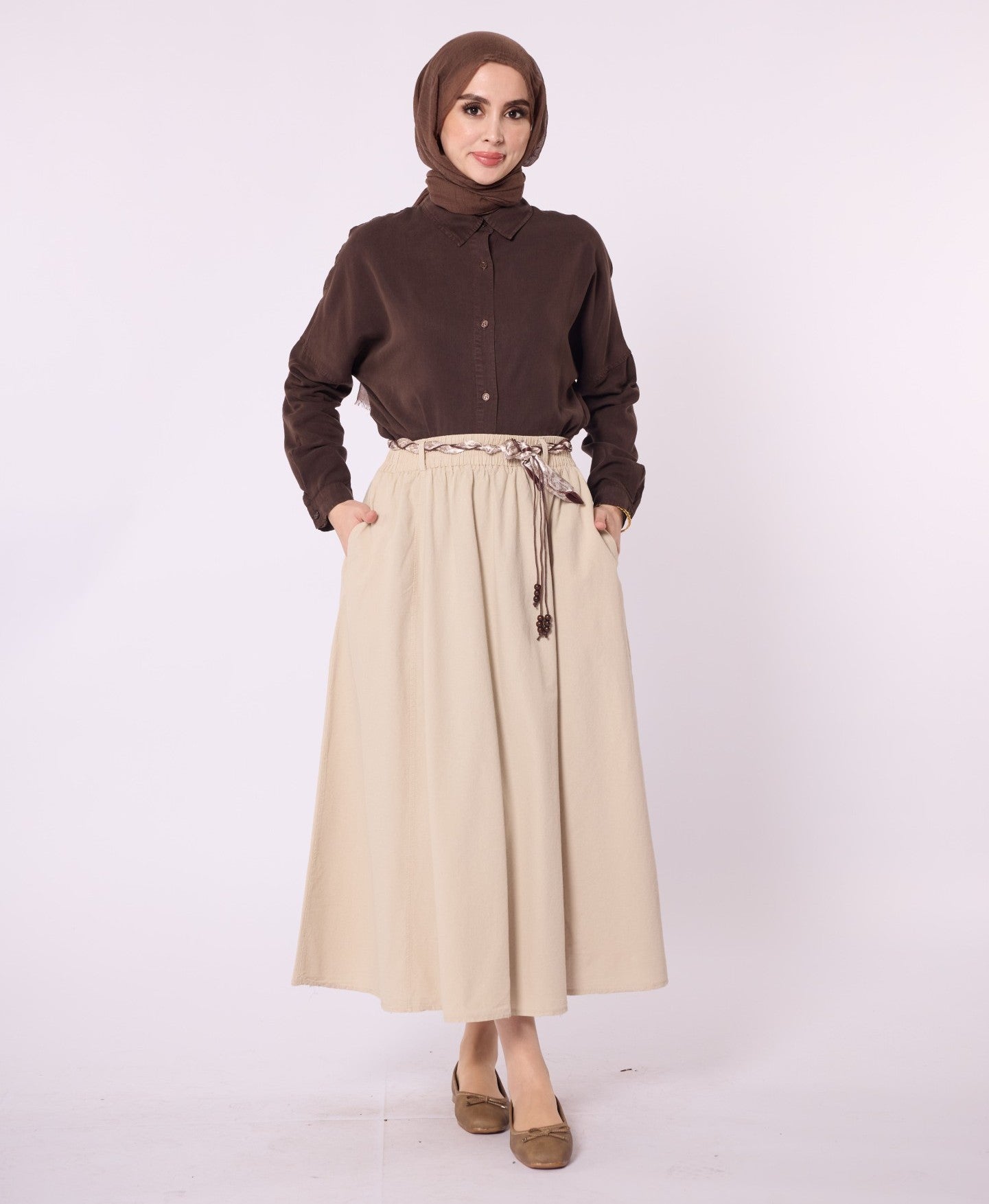 Flared Skirt with Gathered Detail and Scarf Belt