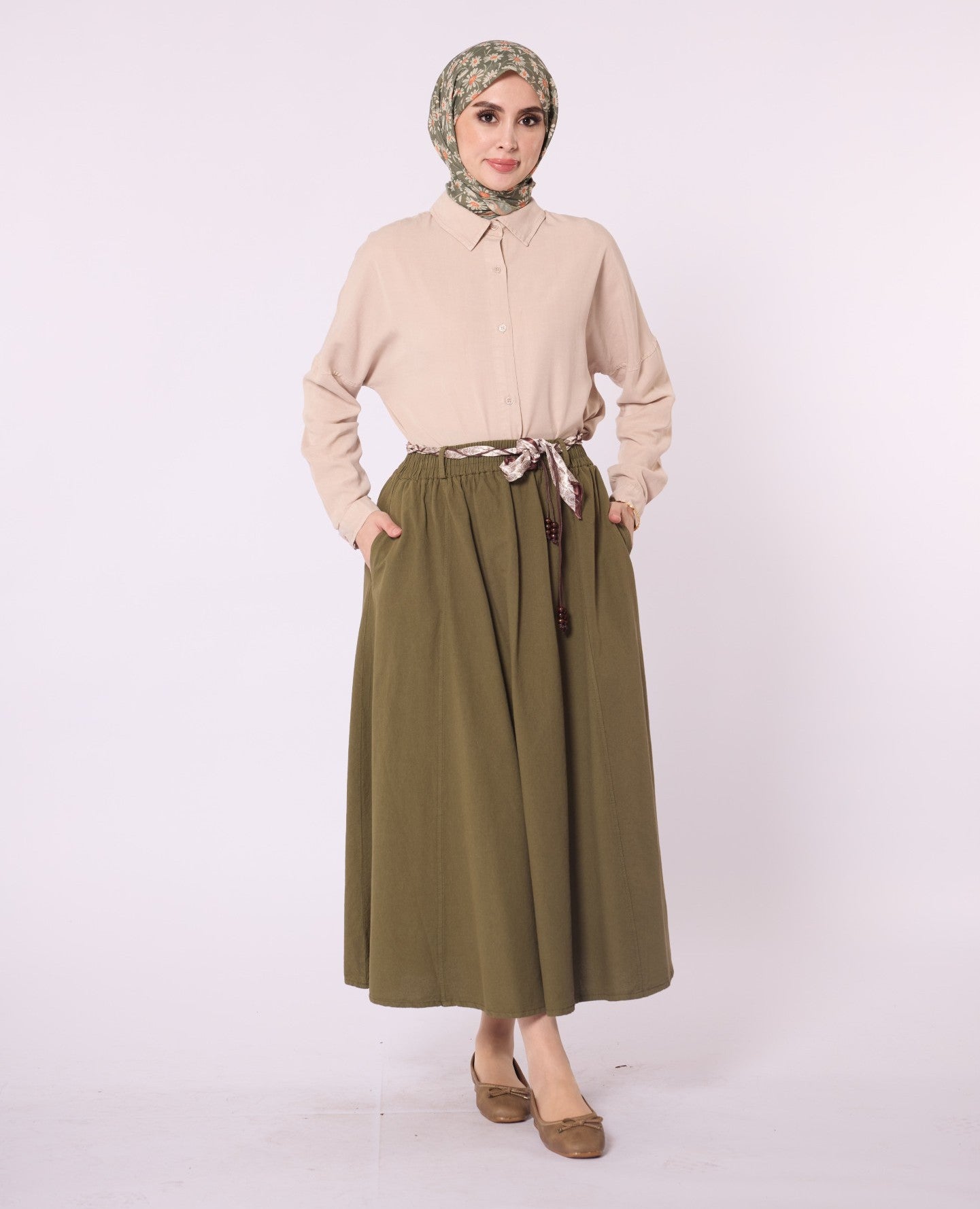 Flared Skirt with Gathered Detail and Scarf Belt