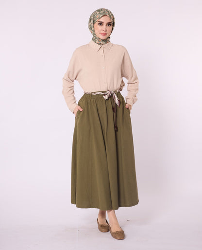 Flared Skirt with Gathered Detail and Scarf Belt