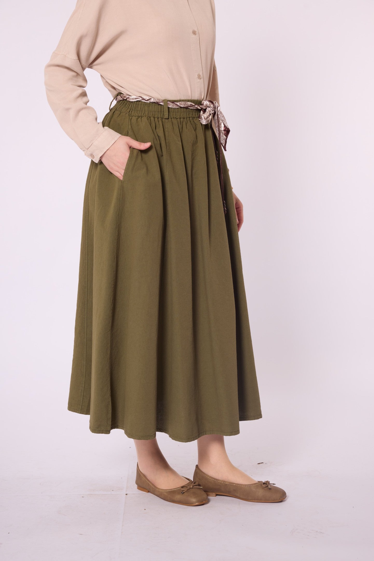 Flared Skirt with Gathered Detail and Scarf Belt