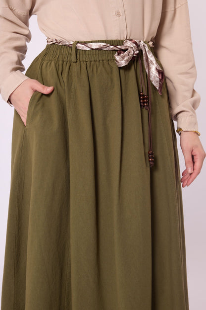 Flared Skirt with Gathered Detail and Scarf Belt