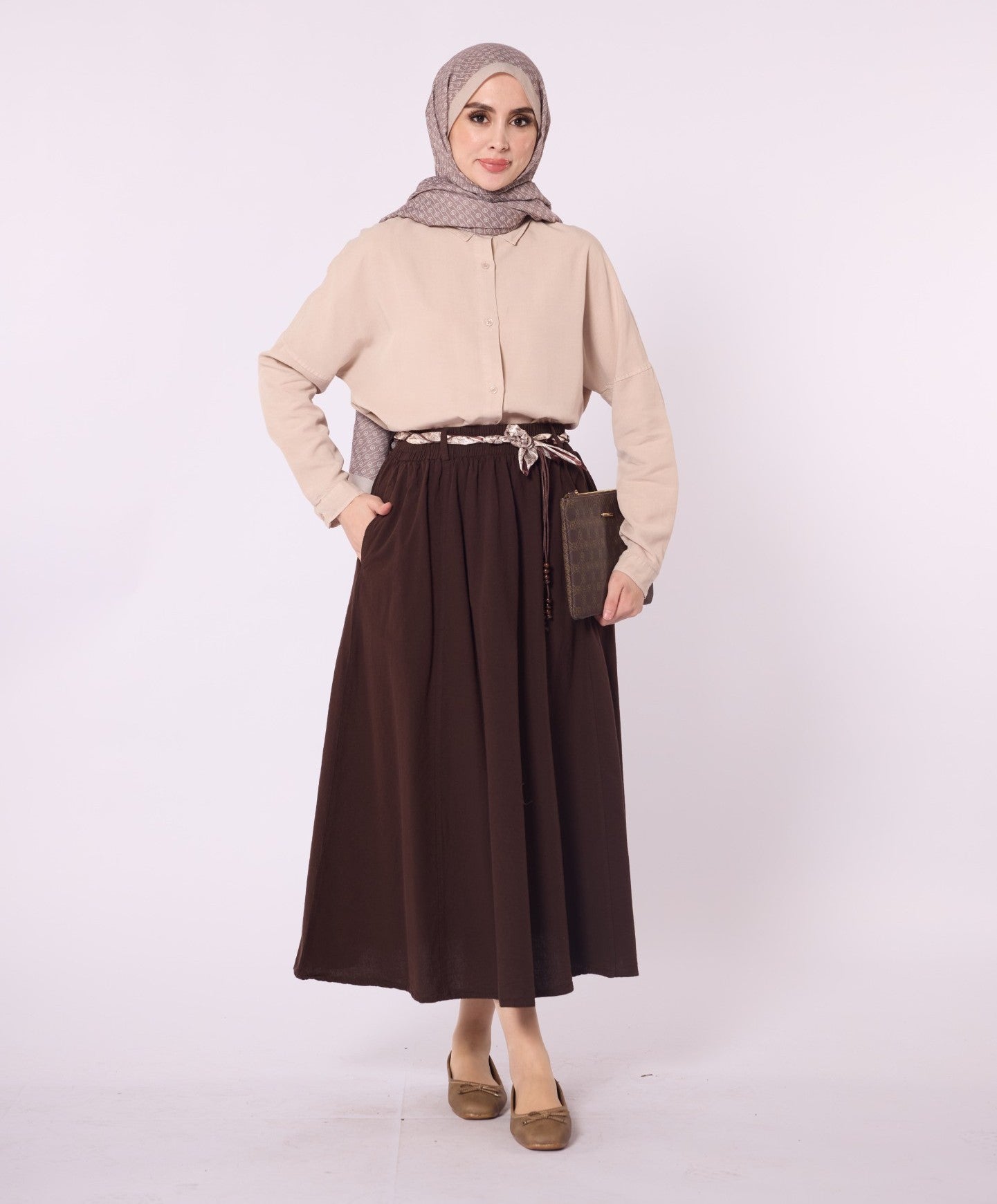 Flared Skirt with Gathered Detail and Scarf Belt