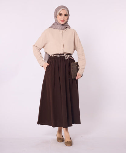 Flared Skirt with Gathered Detail and Scarf Belt