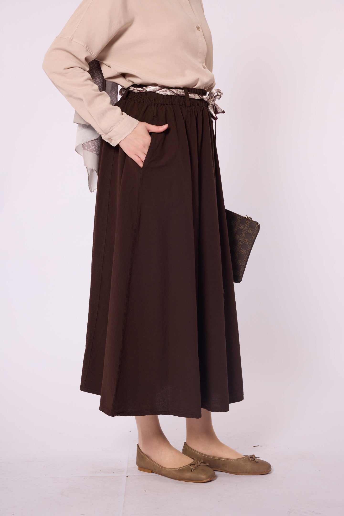 Flared Skirt with Gathered Detail and Scarf Belt