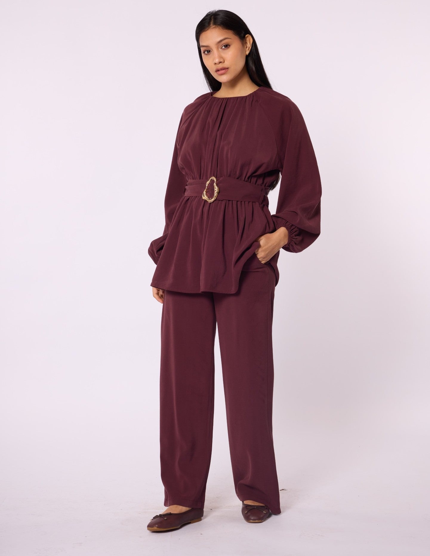 Trouser Set with Elastic Waist and Belt Detail