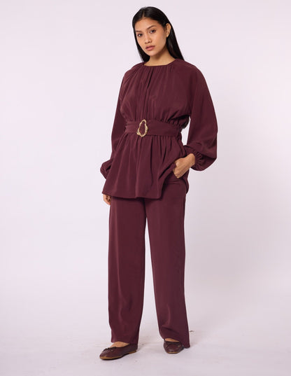 Trouser Set with Elastic Waist and Belt Detail