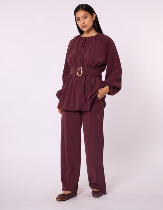 Trouser Set with Elastic Waist and Belt Detail