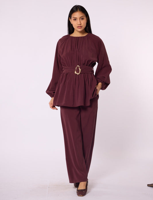 Trouser Set with Elastic Waist and Belt Detail