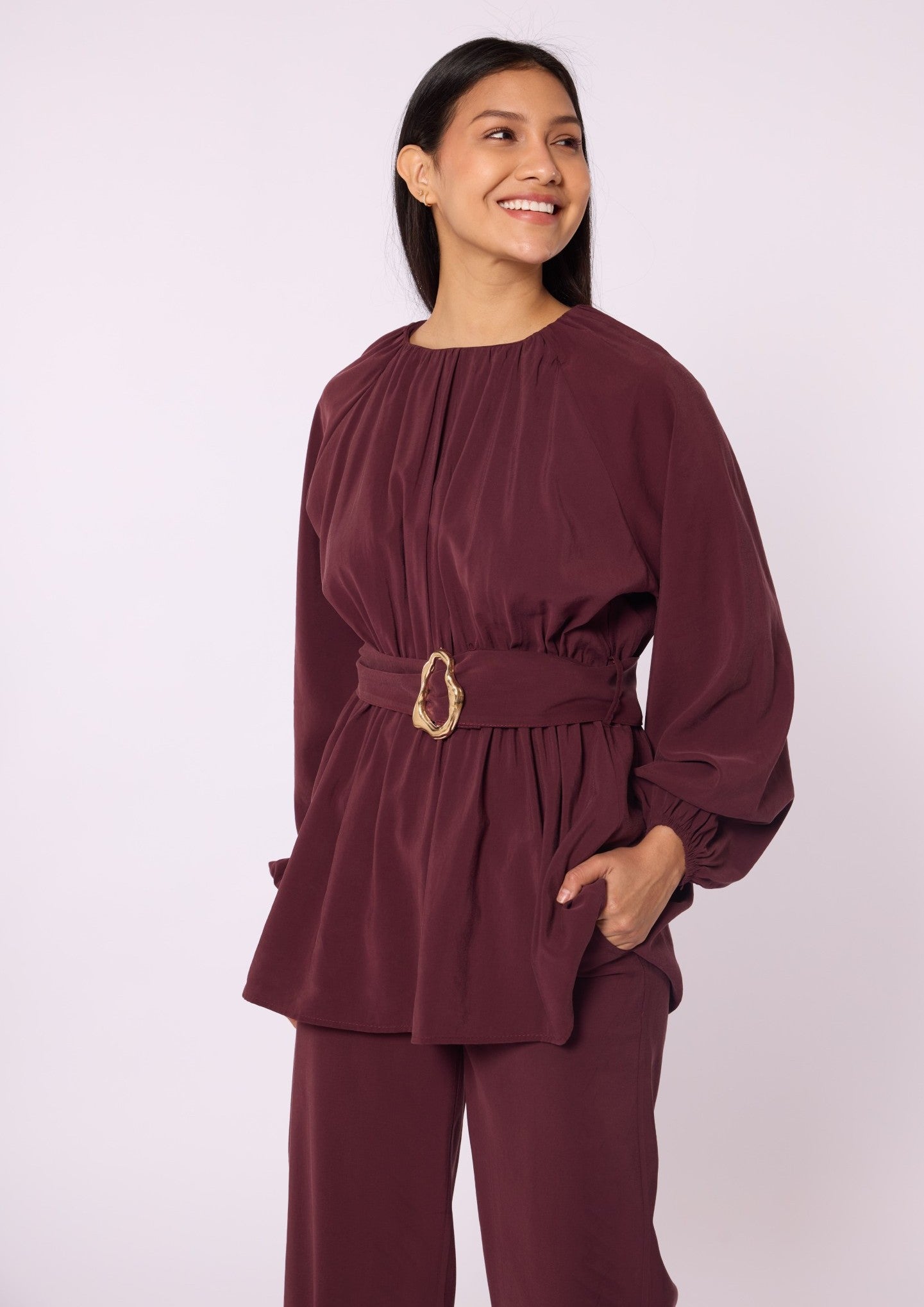 Trouser Set with Elastic Waist and Belt Detail