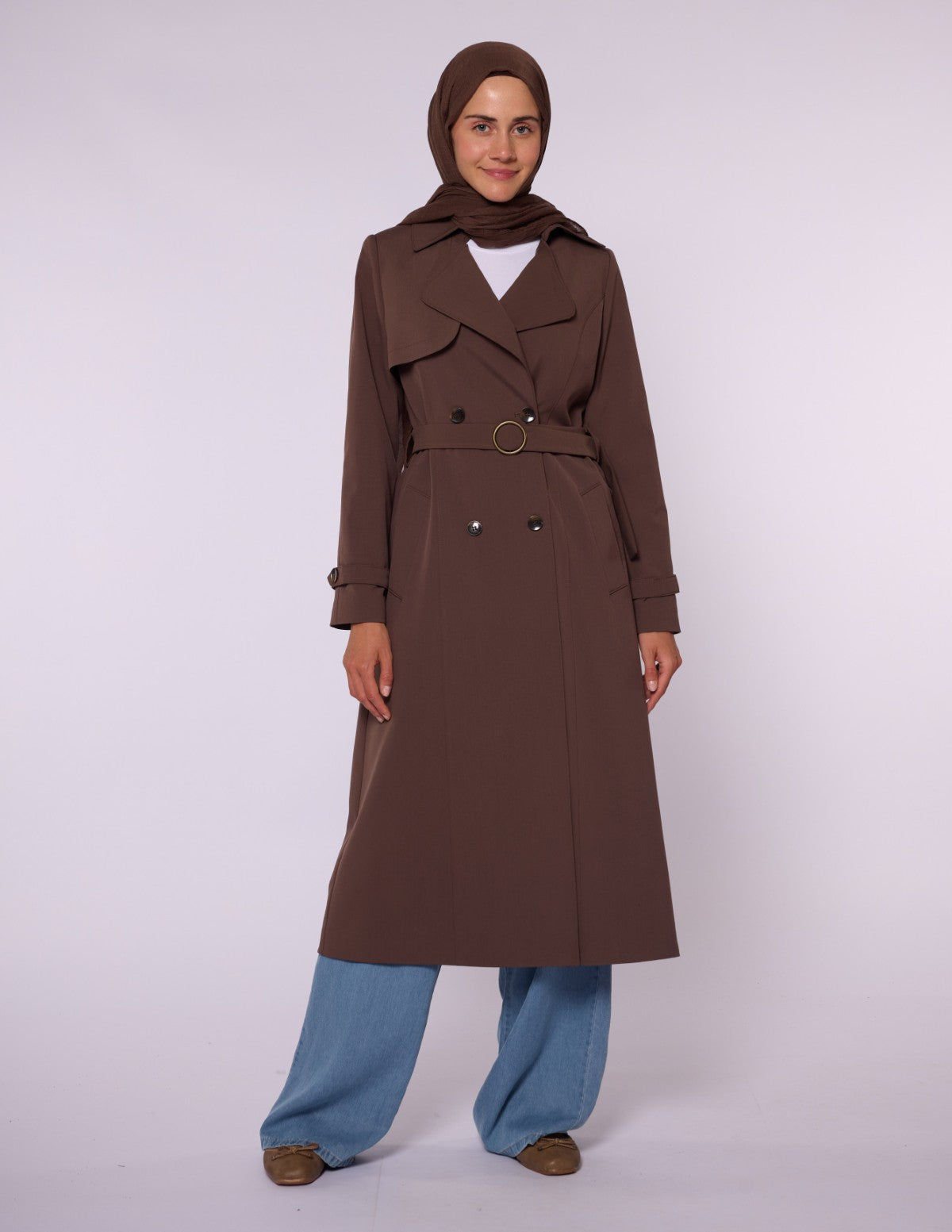 Double-Breasted Belted Polo Collar Lined Coat