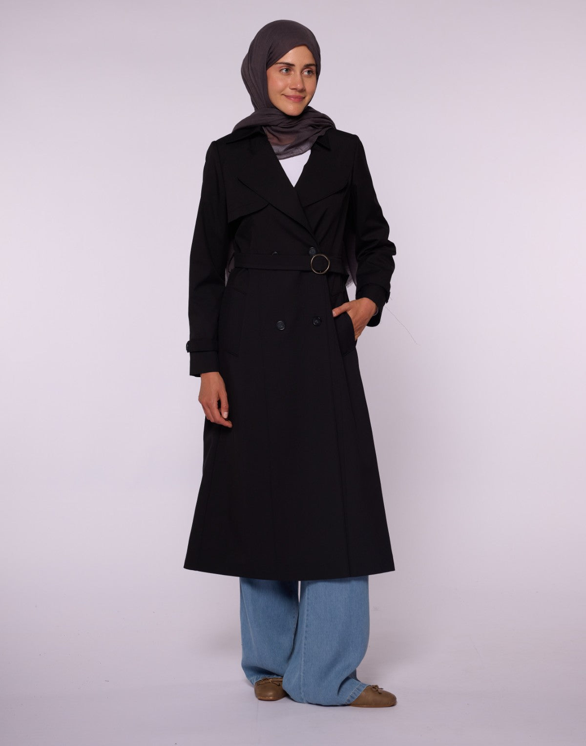 Double-Breasted Belted Polo Collar Lined Coat