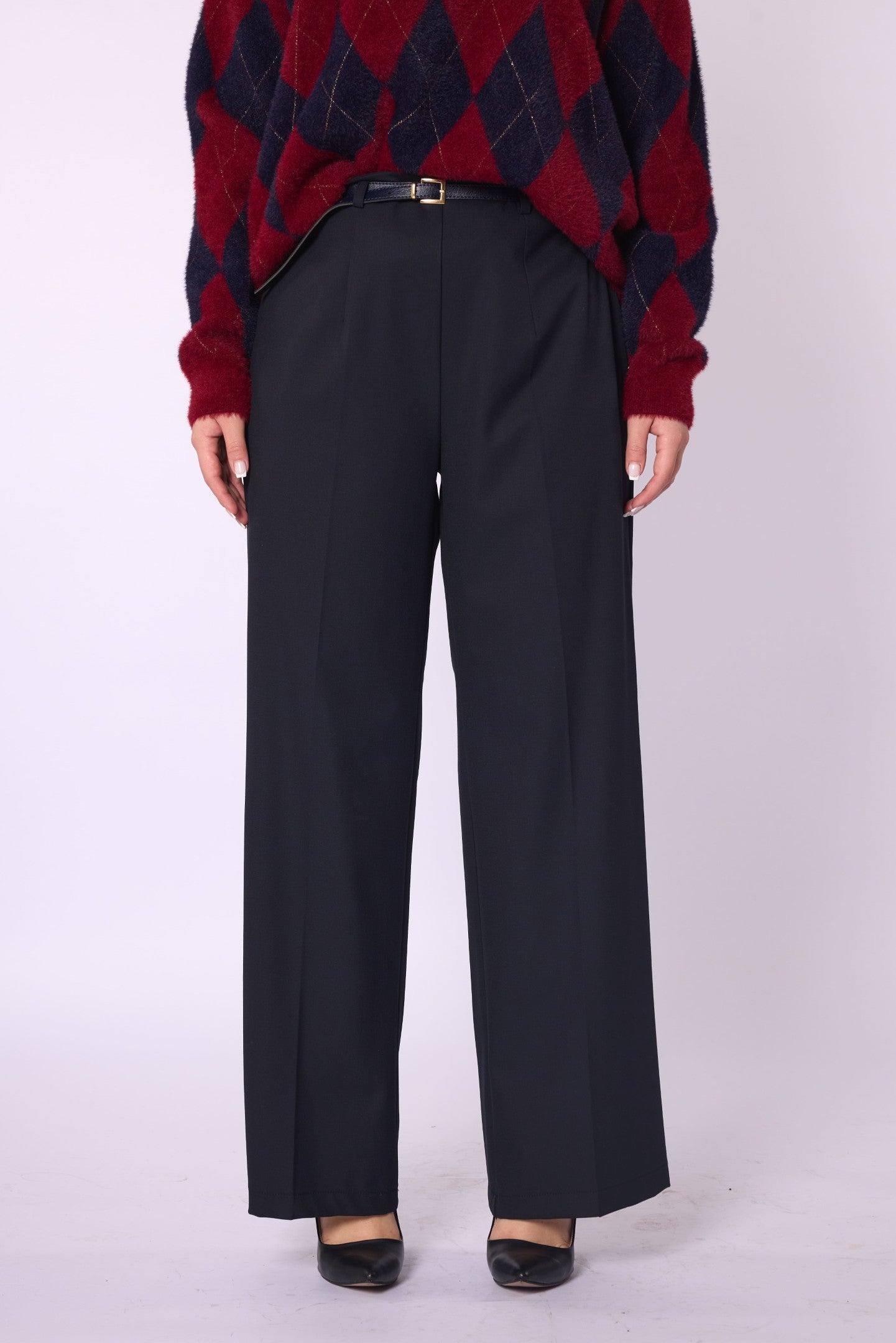 High-Waist Belt Detail Wide-Leg Pants
