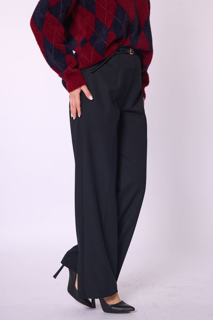 High-Waist Belt Detail Wide-Leg Pants