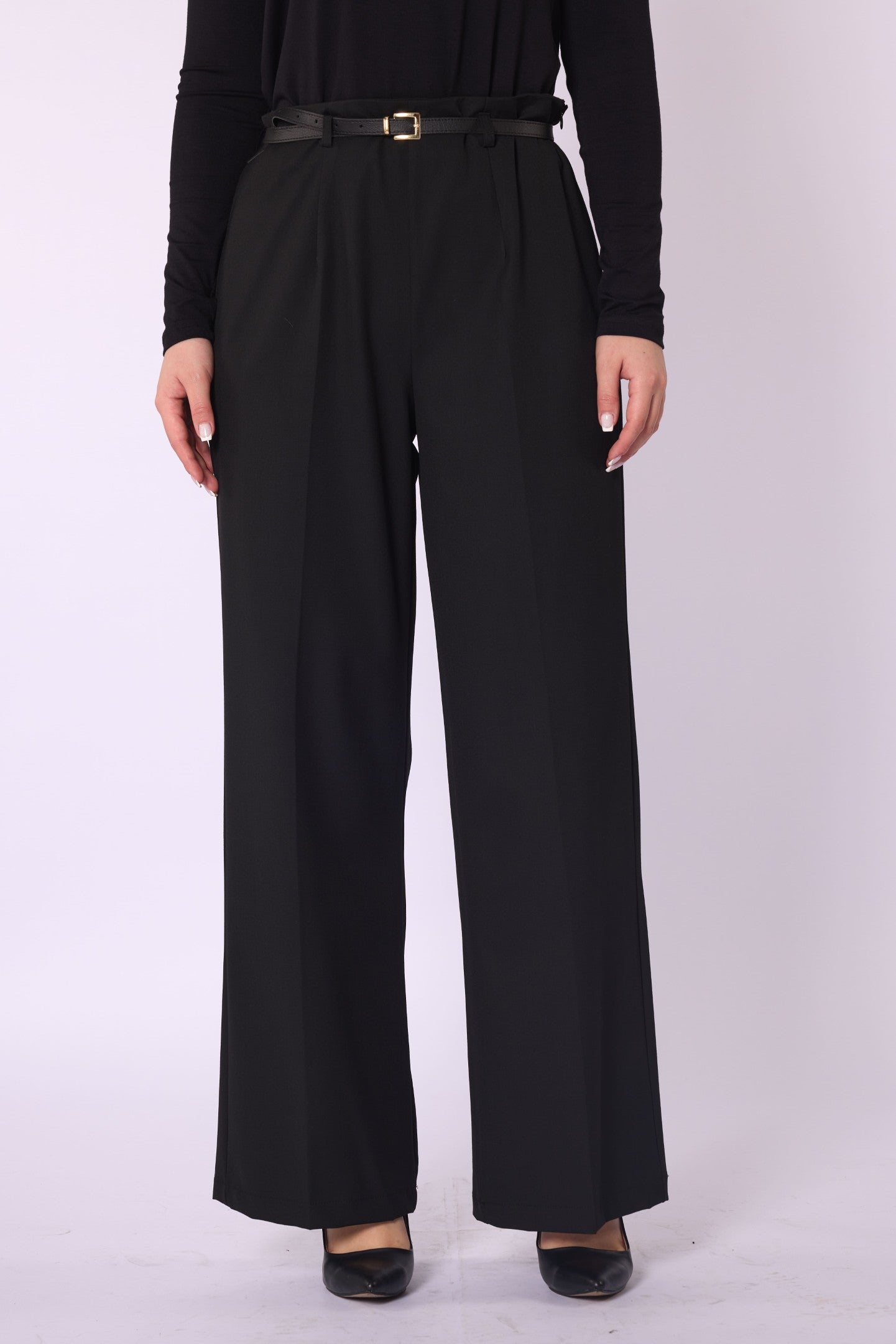 High-Waist Belt Detail Wide-Leg Pants