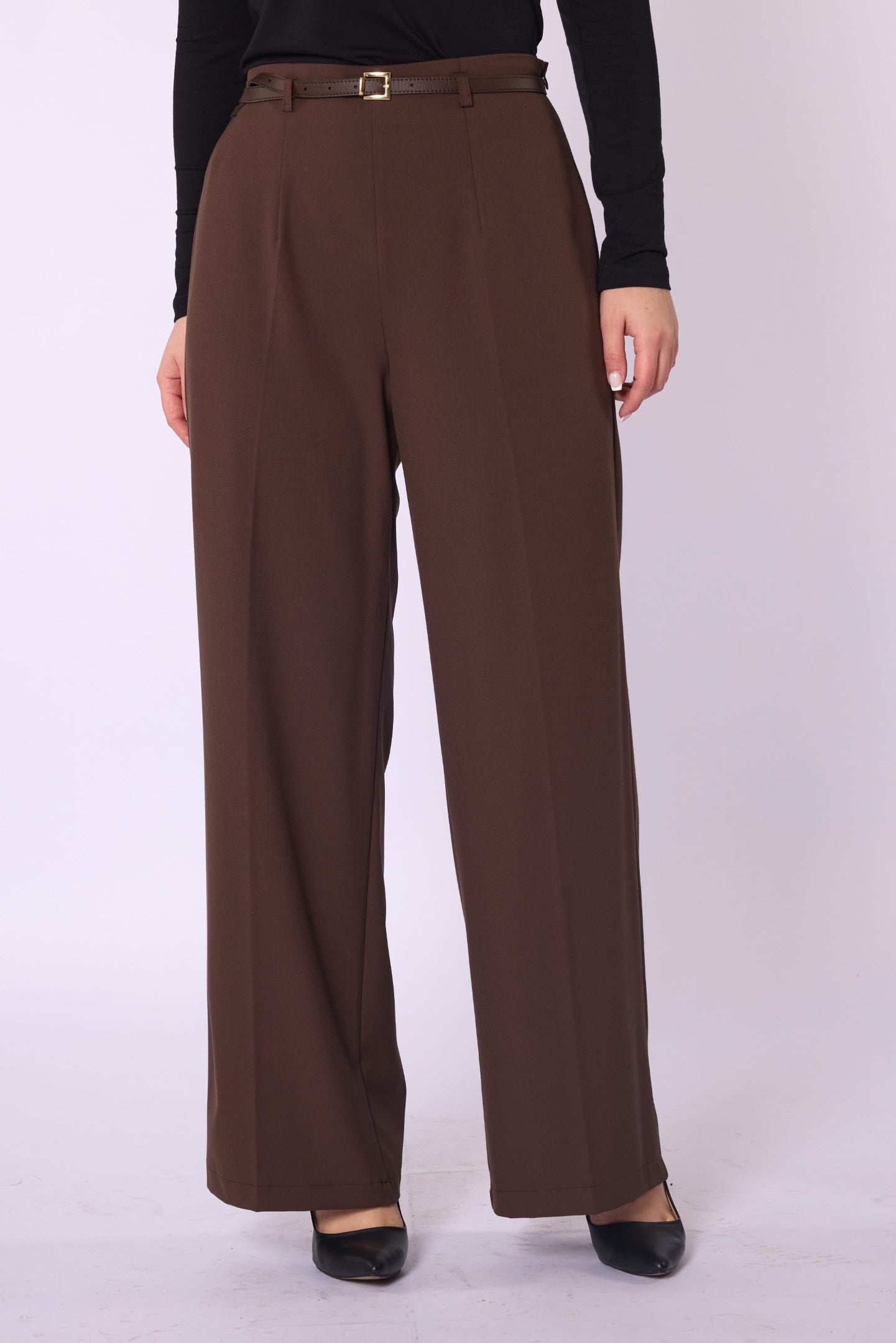 High-Waist Belt Detail Wide-Leg Pants