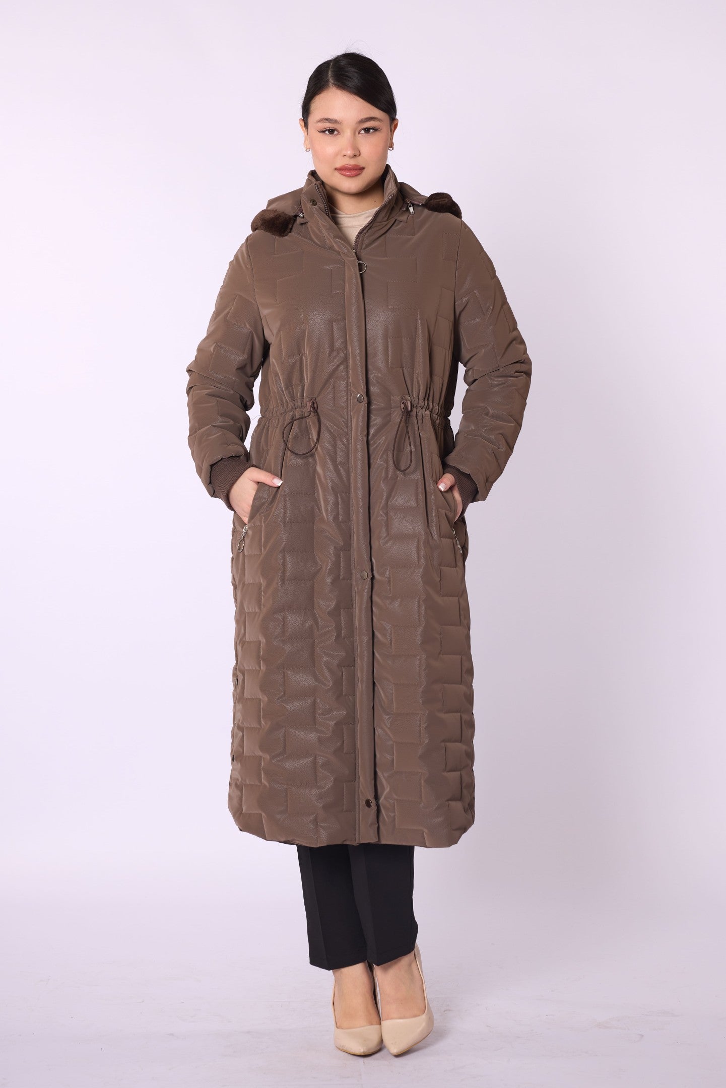 Quilted Coat With Fur Hood And Waist Tie Detail