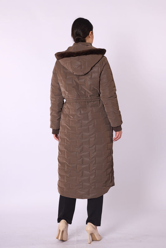 Quilted Coat With Fur Hood And Waist Tie Detail