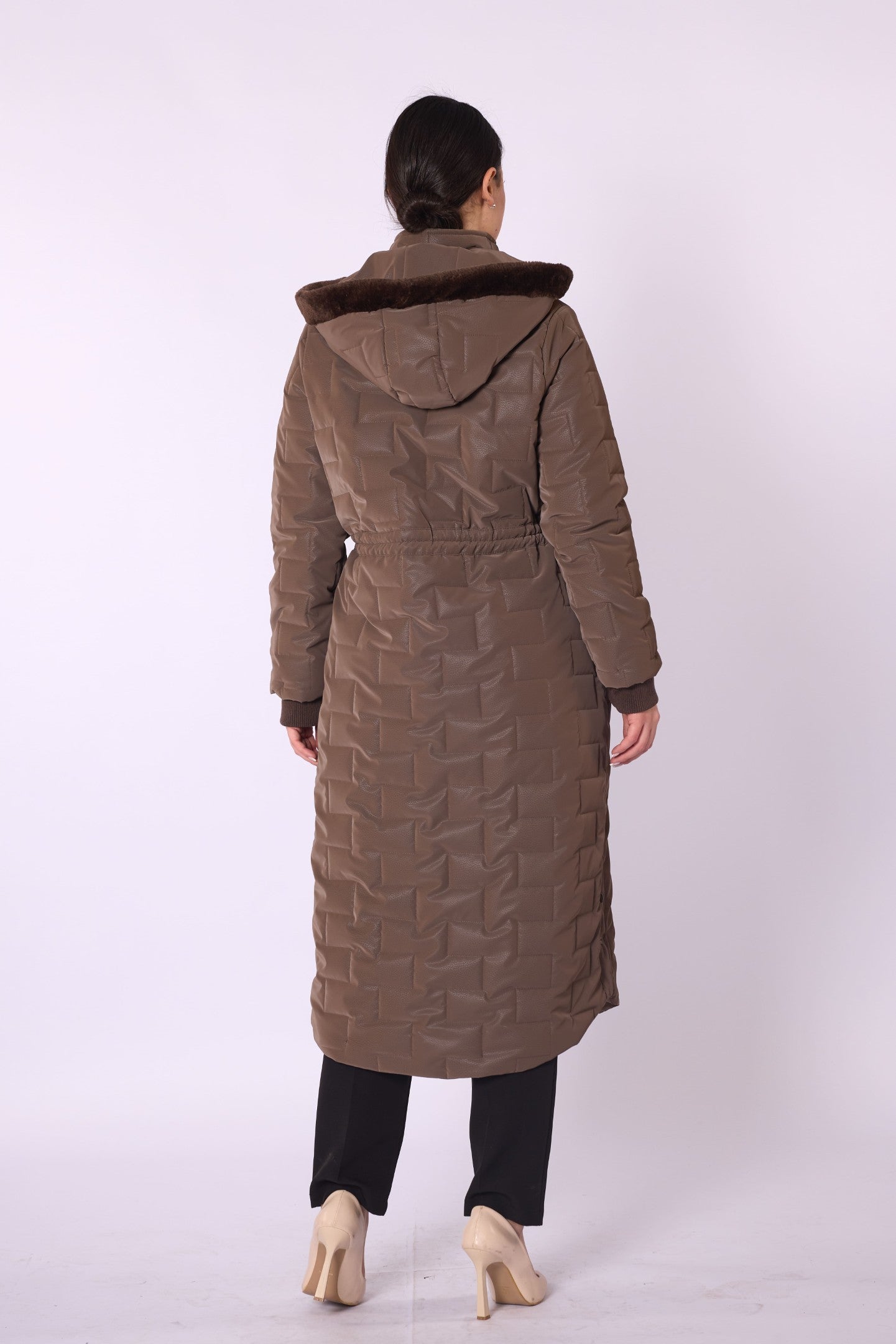 Quilted Coat With Fur Hood And Waist Tie Detail