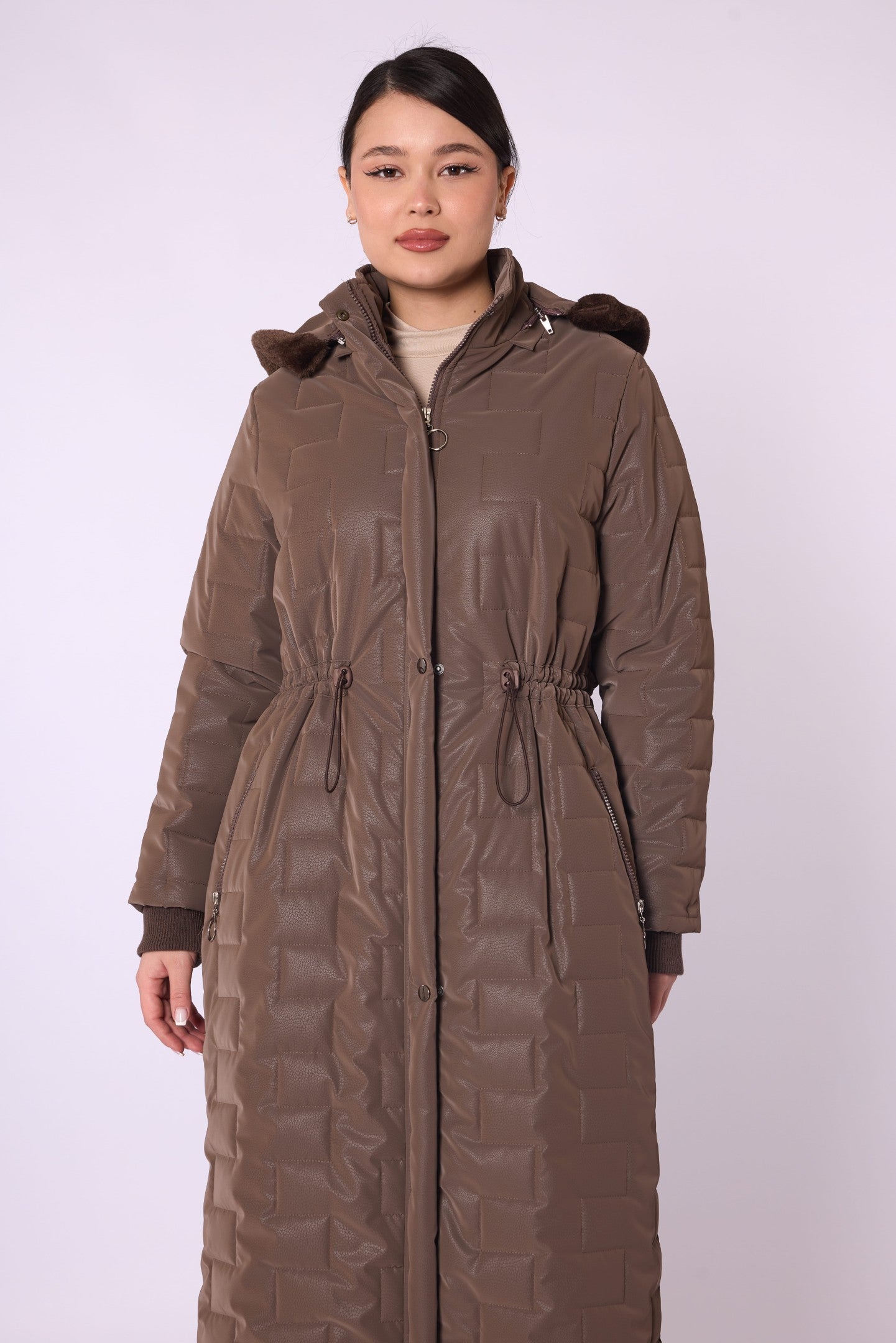 Quilted Coat With Fur Hood And Waist Tie Detail