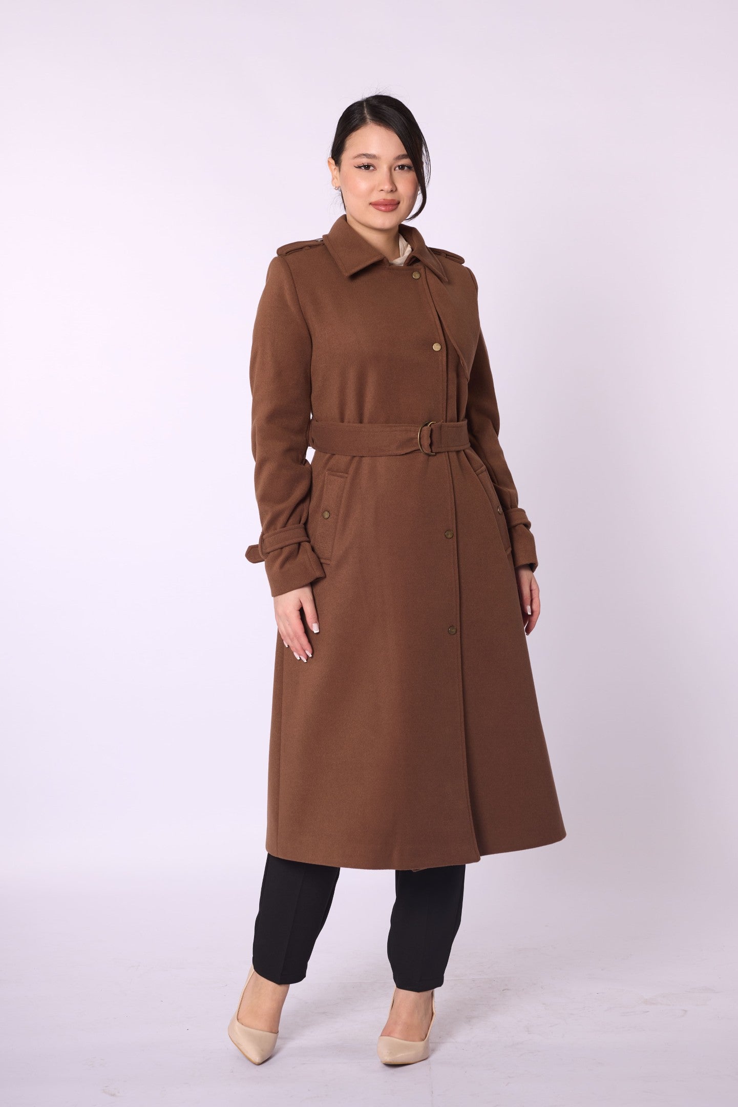 Polo Collar Double Breasted Belted Wool Coat With Lining