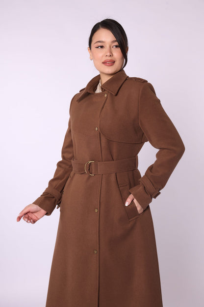 Polo Collar Double Breasted Belted Wool Coat With Lining