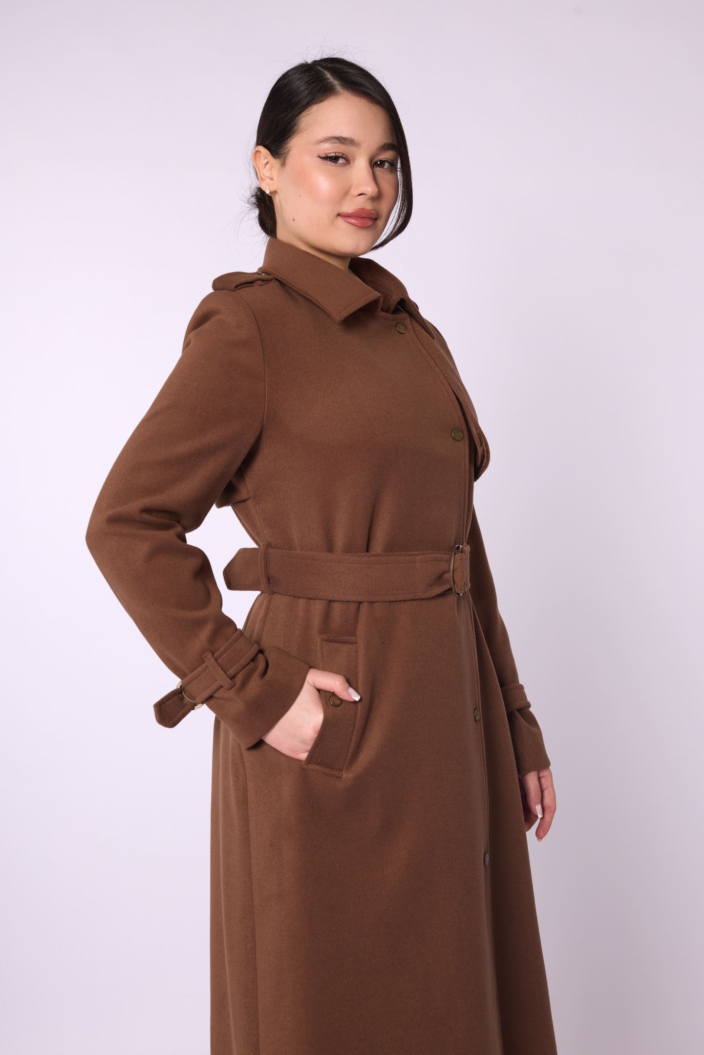 Polo Collar Double Breasted Belted Wool Coat With Lining