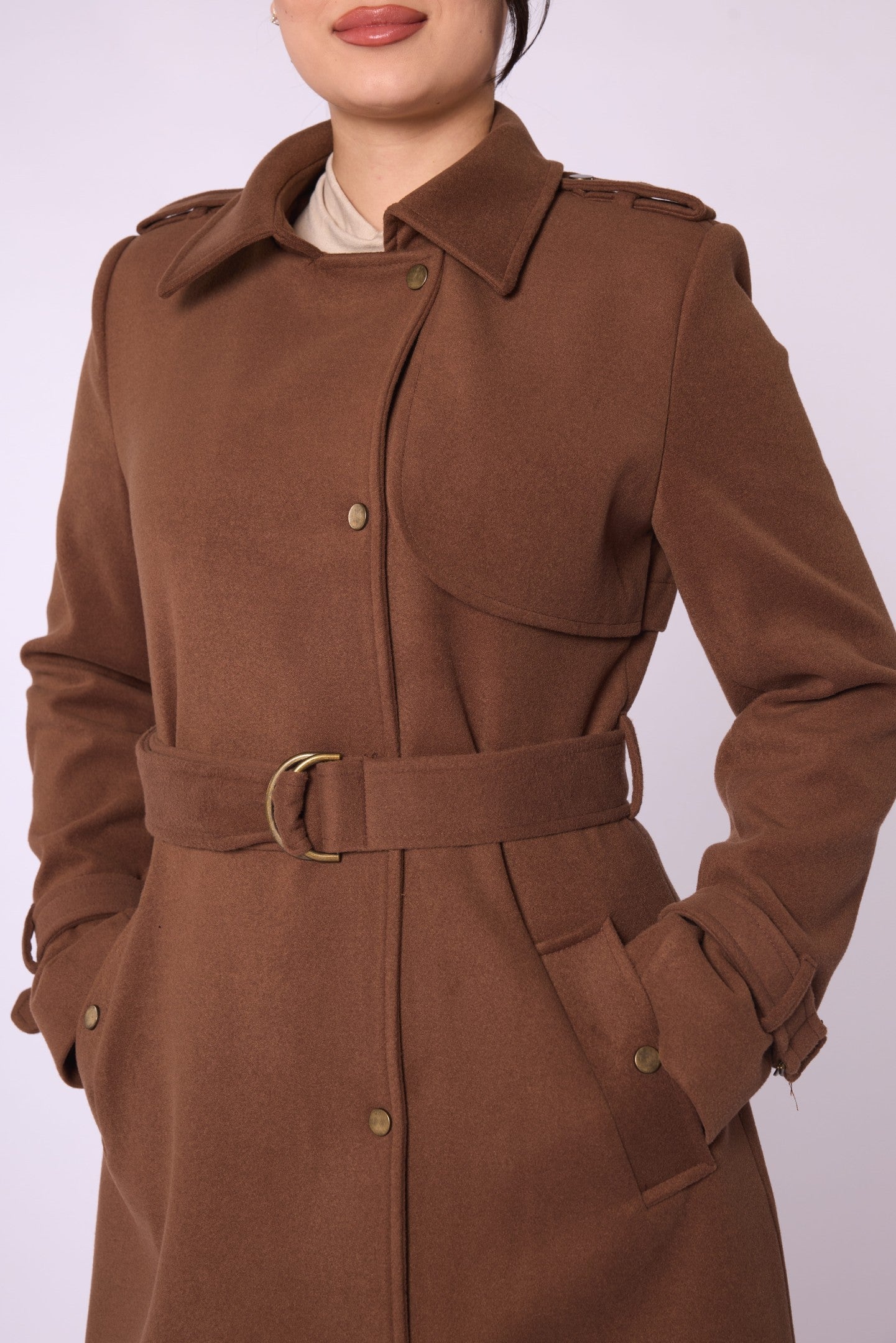 Polo Collar Double Breasted Belted Wool Coat With Lining