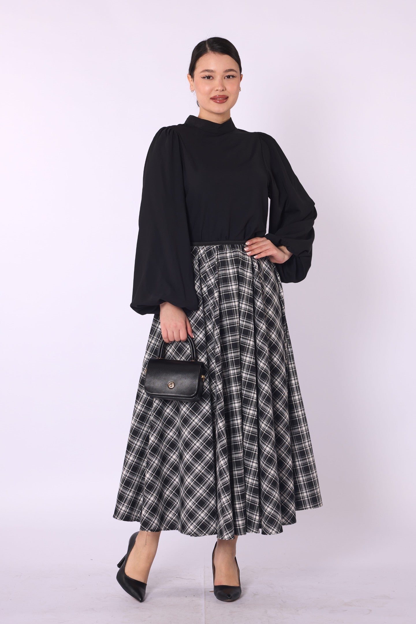 Plaid Print A-Line Midi Skirt with Elastic Waist