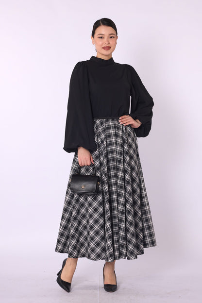 Plaid Print A-Line Midi Skirt with Elastic Waist