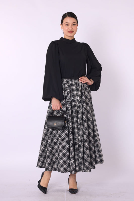 Plaid Print A-Line Midi Skirt with Elastic Waist