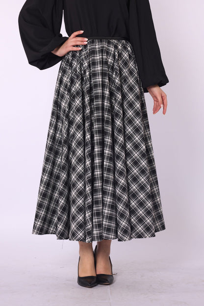 Plaid Print A-Line Midi Skirt with Elastic Waist
