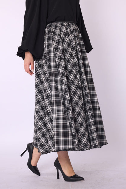 Plaid Print A-Line Midi Skirt with Elastic Waist