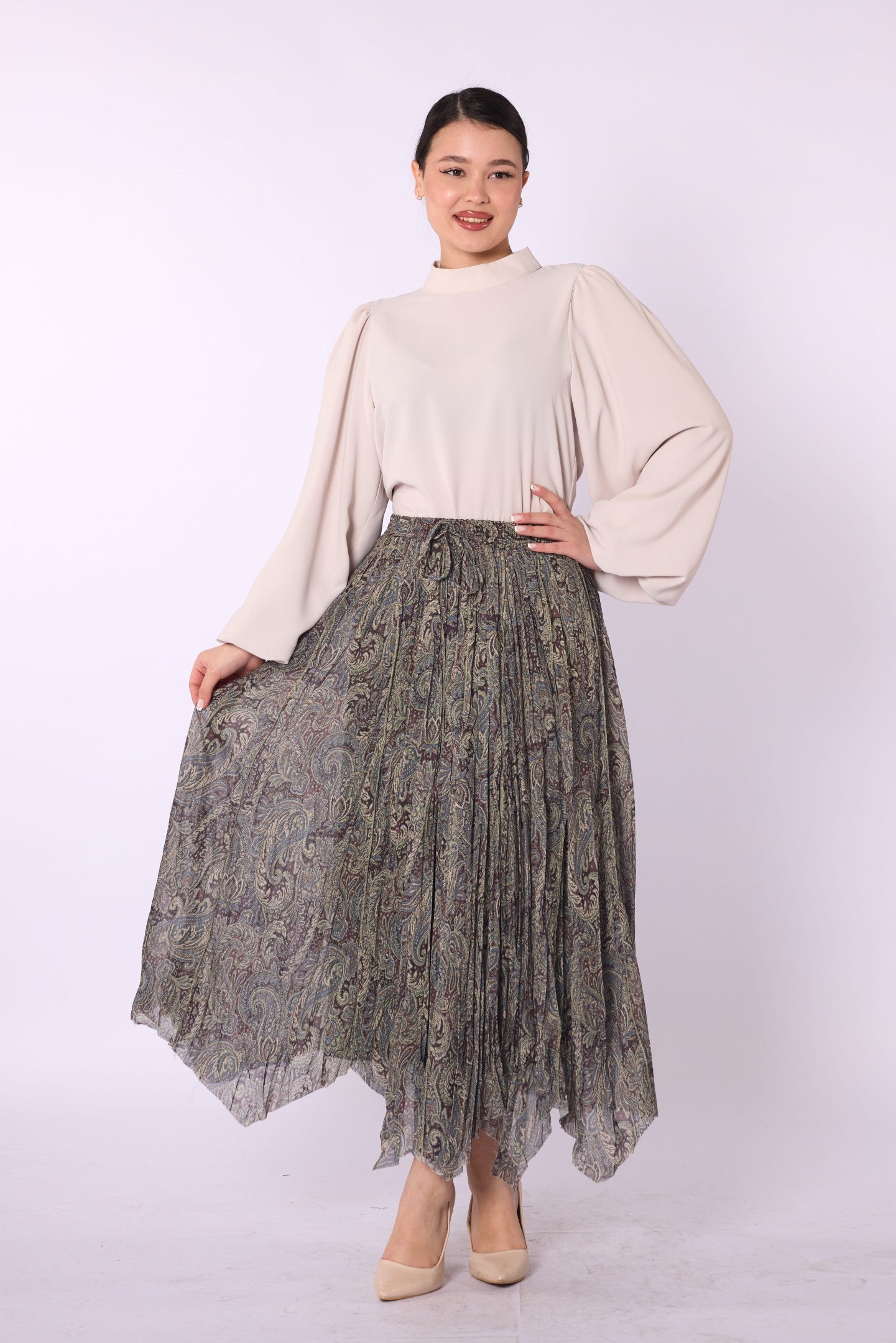 Patterned Drawstring Detail Long Chiffon Skirt