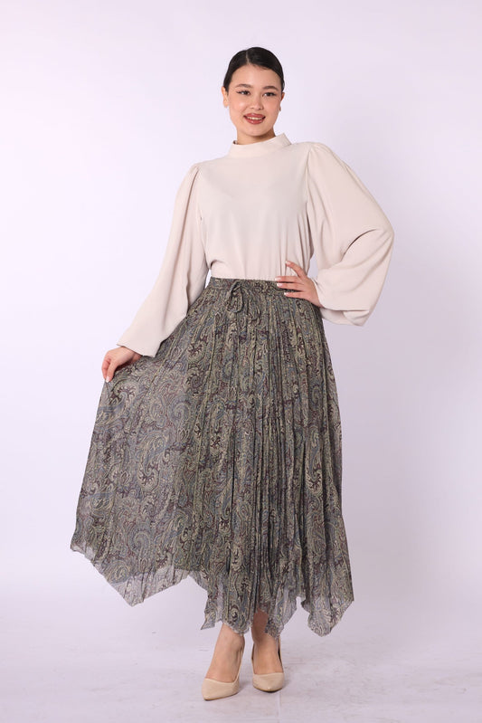 Patterned Drawstring Detail Long Chiffon Skirt