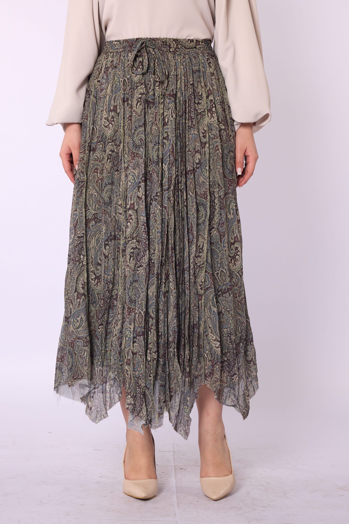 Patterned Drawstring Detail Long Chiffon Skirt
