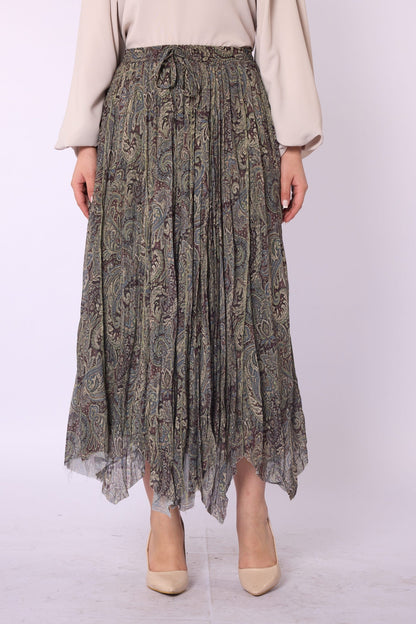 Patterned Drawstring Detail Long Chiffon Skirt