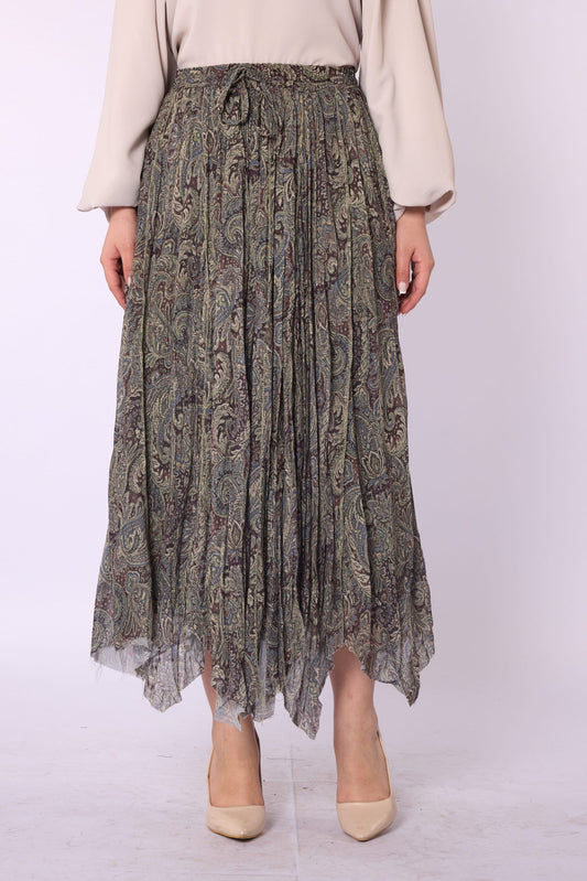 Patterned Drawstring Detail Long Chiffon Skirt