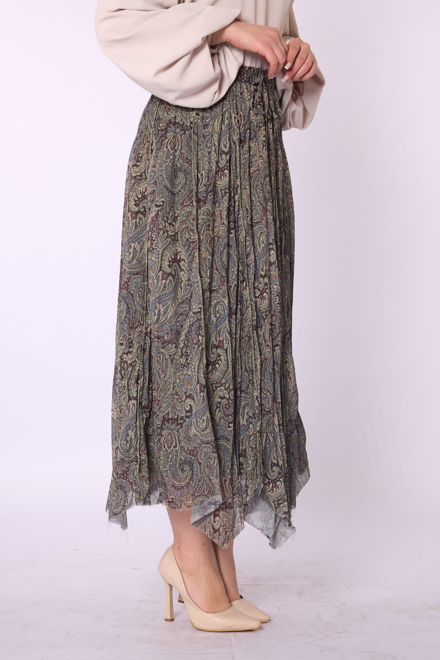 Patterned Drawstring Detail Long Chiffon Skirt