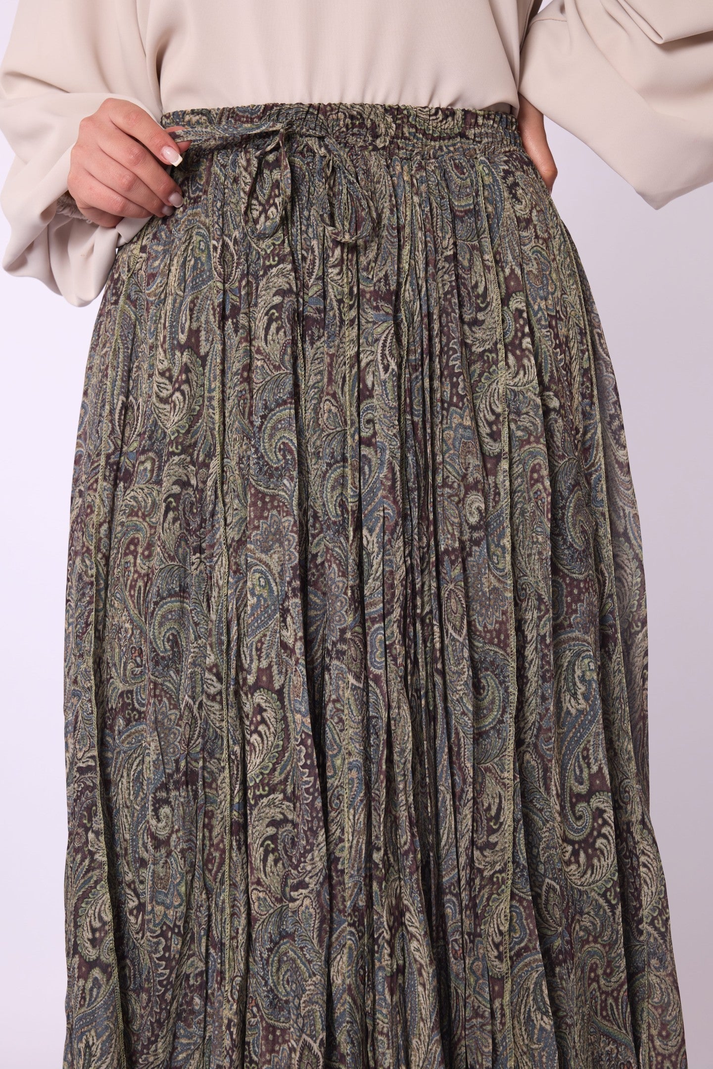 Patterned Drawstring Detail Long Chiffon Skirt