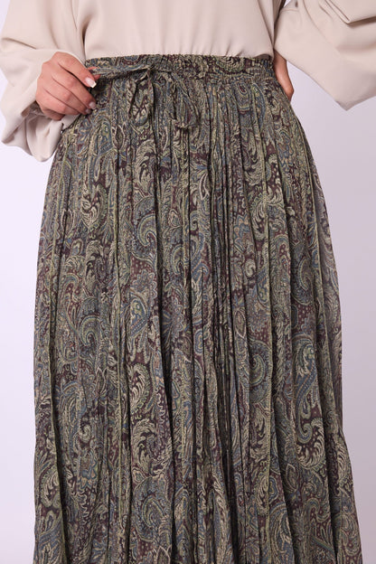 Patterned Drawstring Detail Long Chiffon Skirt