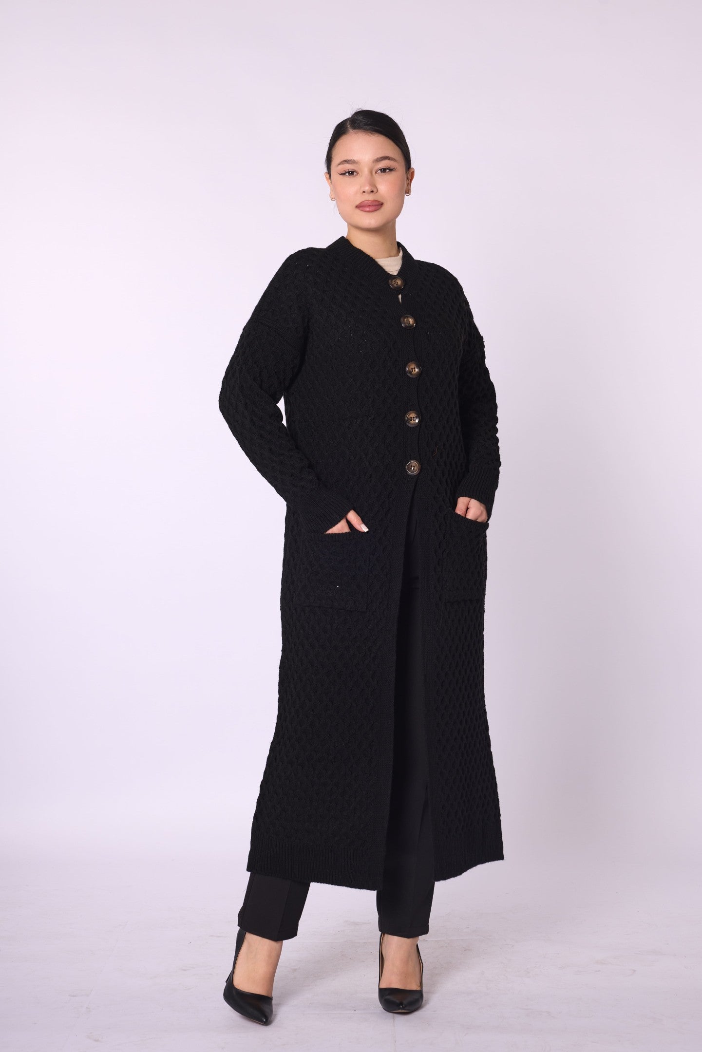 Buttoned Honeycomb Knit Long Cardigan