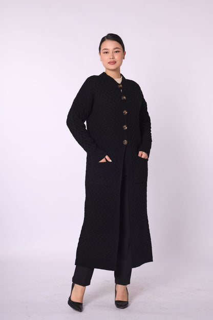 Buttoned Honeycomb Knit Long Cardigan