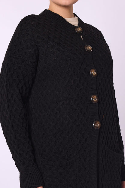 Buttoned Honeycomb Knit Long Cardigan